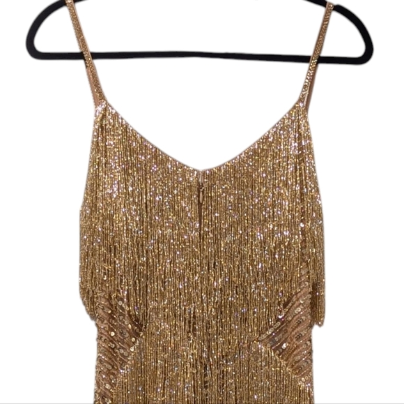 NWT Nadine Merabi Tammy Gold Fringe Beaded Mini Dress Size 10 - Picture 6 of 12